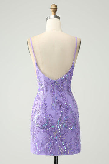 Sparkly Purple Spaghetti Straps Tight Short Cocktail Dress with Sequins